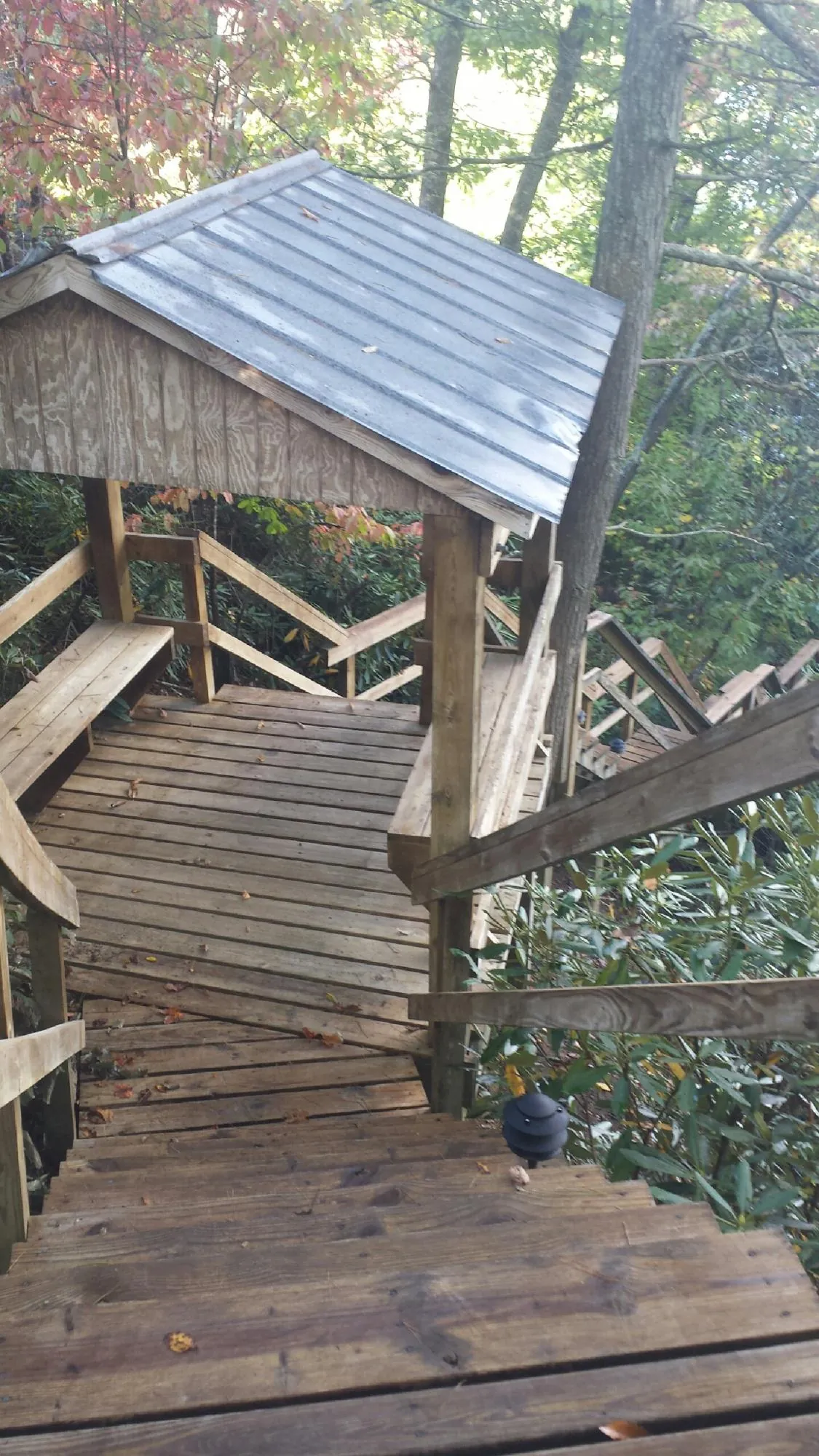 Metal roofed shelter over wooden steps on a wooded walkway — Skylight Repair & Installation work by our crew in Eagle Lake